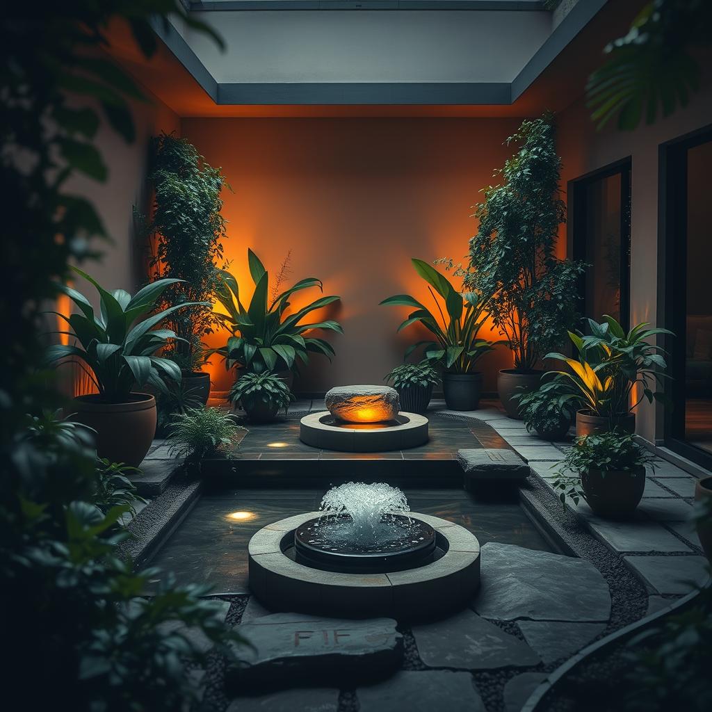 A tranquil garden oasis bathed in warm, diffused lighting. Lush potted plants and cascading greenery line the perimeter, complementing the natural stone pathways. A central water feature, accented by subtle uplighting, gently bubbles, creating a soothing ambiance. The scene is captured through a wide-angle lens, emphasizing the harmonious balance of the well-designed layout. Soft shadows and highlights sculpt the shapes, evoking a calming, contemplative mood. The overall aesthetic seamlessly blends elements of www.jowolandborepile.com's minimalist design philosophy.