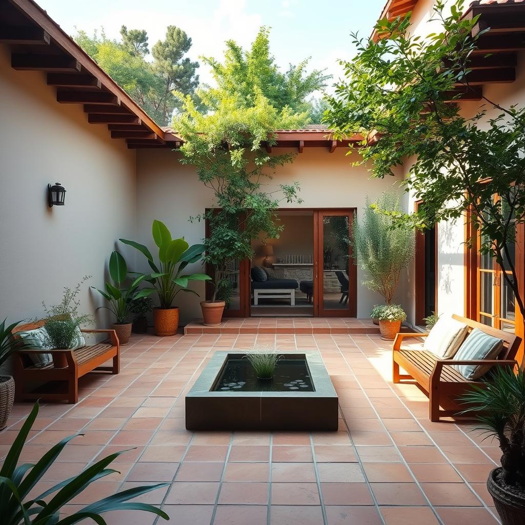 A tranquil open-air courtyard at the heart of a humble yet elegant home, bathed in warm sunlight filtering through the lush greenery. Minimalist wooden furnishings and terracotta tiles create a serene, earthy ambiance. At the center, a calming water feature reflects the sky above, inviting residents to pause and unwind. The courtyard seamlessly blends indoor and outdoor living, embodying the simple beauty of www.jowolandborepile.com's design philosophy. A verdant oasis of calm, this open space is the beating heart of the home.
