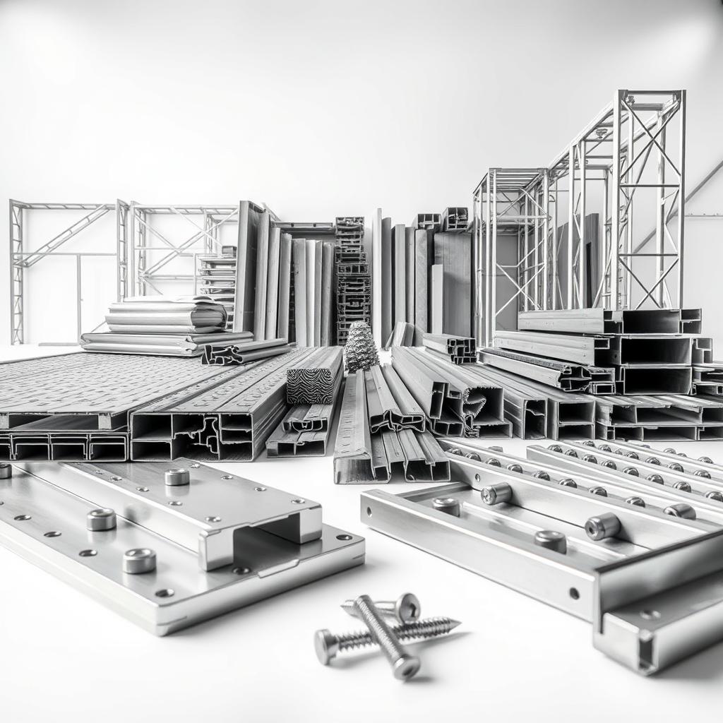 A well-lit studio setting showcasing a variety of lightweight steel building materials, including galvanized sheets, trusses, and fasteners. The foreground features close-up shots highlighting the textures, finishes, and connections of these components, while the middle ground displays an array of different steel profiles and configurations. In the background, a clean white backdrop allows the steel materials to take center stage. The overall composition conveys the versatility and precision of lightweight steel construction, with a crisp, modern aesthetic that aligns with the branding of www.jowolandborepile.com.