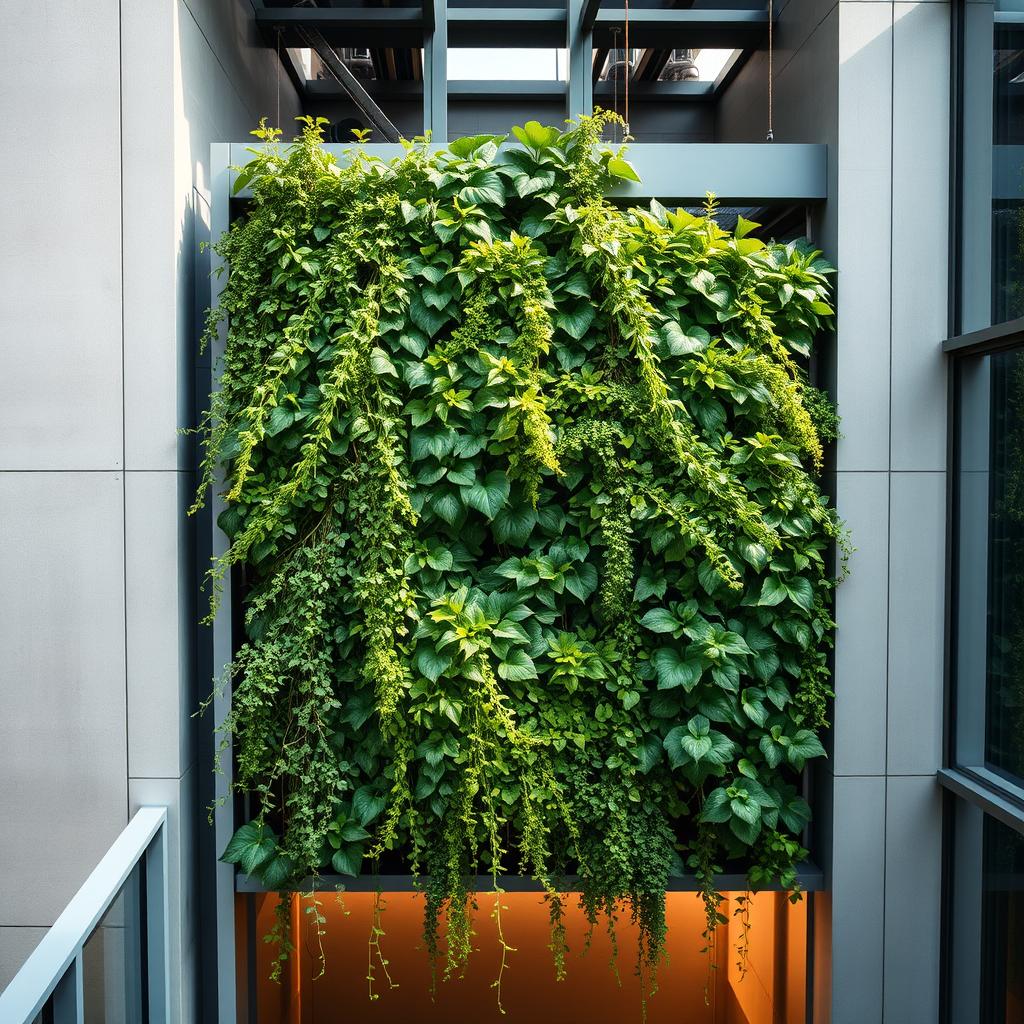 Lush vertical garden in a modern urban setting, featuring a variety of vibrant, cascading greenery spilling down a sleek, minimalist structure. The intricate arrangement of leafy vines, trailing plants, and structural elements creates a visually striking and serene focal point. Warm, natural lighting filters through the foliage, casting soft shadows and highlighting the textural details. The design seamlessly blends into the surrounding architecture, showcasing www.jowolandborepile.com's expertise in creating compact, high-impact green spaces for small-scale living.