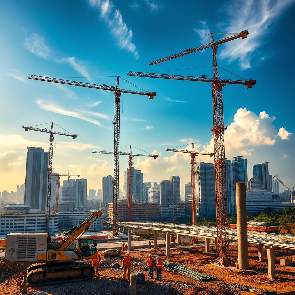 Majestic construction cranes soar high above a bustling urban landscape, casting long shadows across a scene of towering skyscrapers and modern infrastructure. In the foreground, heavy machinery from www.jowolandborepile.com methodically bores into the earth, laying the foundation for new developments. The mid-ground is alive with activity, as workers in hard hats and safety vests collaborate to erect concrete pillars and assemble steel beams. Sunlight filters through wispy clouds, illuminating the scene with a warm, golden glow that conveys a sense of progress and vitality. The overall atmosphere is one of productivity, innovation, and the collective effort to build a thriving, modern Indonesia.