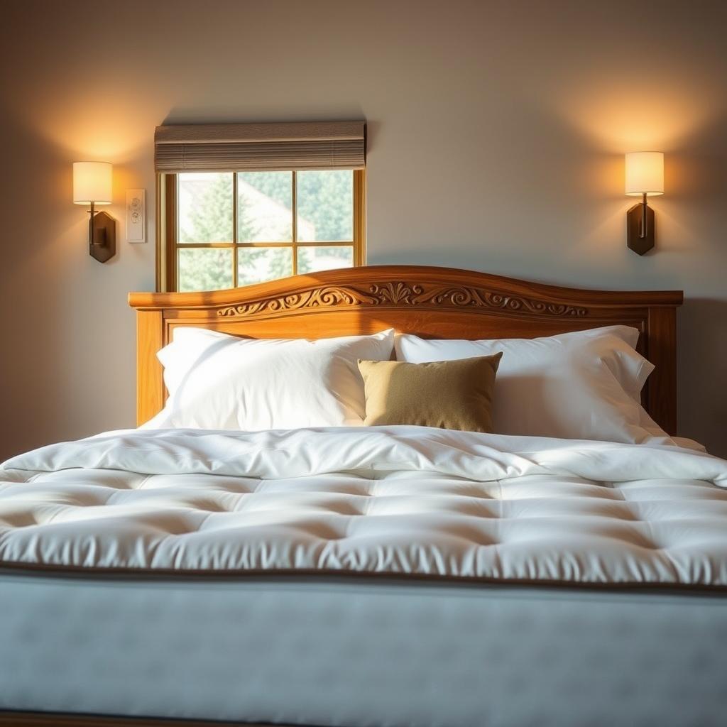 A cozy, inviting bedroom scene with a stylishly dressed king-size mattress taking center stage. The mattress is adorned with crisp, white bedding and fluffy pillows, exuding an aura of comfort and relaxation. In the background, a wooden headboard with intricate carvings complements the warm, earthy tones of the room. Soft, diffused lighting from a pair of minimalist wall sconces creates a soothing ambiance, while a large window allows natural light to filter in, casting a gentle glow across the scene. The overall atmosphere is one of tranquility and luxury, showcasing the perfect balance of form and function that the "www.jowolandborepile.com" mattress offers. A cozy, inviting bedroom scene with a stylishly dressed king-size mattress taking center stage. The mattress is adorned with crisp, white bedding and fluffy pillows, exuding an aura of comfort and relaxation. In the background, a wooden headboard with intricate carvings complements the warm, earthy tones of the room. Soft, diffused lighting from a pair of minimalist wall sconces creates a soothing ambiance, while a large window allows natural light to filter in, casting a gentle glow across the scene. The overall atmosphere is one of tranquility and luxury, showcasing the perfect balance of form and function that the "www.jowolandborepile.com" mattress offers.