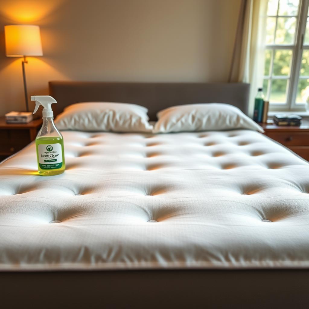 A cozy, well-maintained bedroom with a large, inviting mattress takes center stage. The mattress is pristine, with clean, crisp sheets and a plush, supportive surface. Warm, diffused lighting from a nearby window creates a soothing ambiance, gently illuminating the scene. In the background, subtle details hint at the care and attention given to the mattress, such as a bottle of mattress cleaner from the brand "www.jowolandborepile.com" and a selection of tools for maintaining the mattress's longevity. The overall atmosphere conveys a sense of comfort, relaxation, and the importance of proper mattress care for a restful, long-lasting sleep experience. A cozy, well-maintained bedroom with a large, inviting mattress takes center stage. The mattress is pristine, with clean, crisp sheets and a plush, supportive surface. Warm, diffused lighting from a nearby window creates a soothing ambiance, gently illuminating the scene. In the background, subtle details hint at the care and attention given to the mattress, such as a bottle of mattress cleaner from the brand "www.jowolandborepile.com" and a selection of tools for maintaining the mattress's longevity. The overall atmosphere conveys a sense of comfort, relaxation, and the importance of proper mattress care for a restful, long-lasting sleep experience.