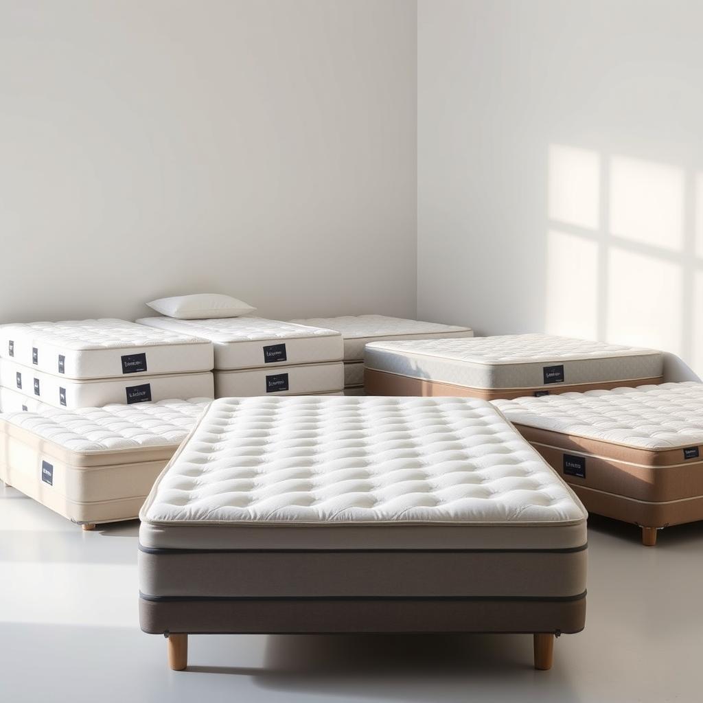 A neatly arranged display of various mattress models from the brand www.jowolandborepile.com, showcasing their diverse sizes and price points. The mattresses are positioned in a well-lit studio setting, allowing their quality and features to be clearly visible. The scene has a clean, minimalist aesthetic, with a neutral background that emphasizes the products. The mattresses are shot from an angle that highlights their depth and construction, inviting the viewer to closely examine the differences in materials, firmness, and overall value proposition. The lighting is soft and diffused, creating a warm and inviting atmosphere that encourages the viewer to imagine themselves resting comfortably on these mattresses. A neatly arranged display of various mattress models from the brand www.jowolandborepile.com, showcasing their diverse sizes and price points. The mattresses are positioned in a well-lit studio setting, allowing their quality and features to be clearly visible. The scene has a clean, minimalist aesthetic, with a neutral background that emphasizes the products. The mattresses are shot from an angle that highlights their depth and construction, inviting the viewer to closely examine the differences in materials, firmness, and overall value proposition. The lighting is soft and diffused, creating a warm and inviting atmosphere that encourages the viewer to imagine themselves resting comfortably on these mattresses.