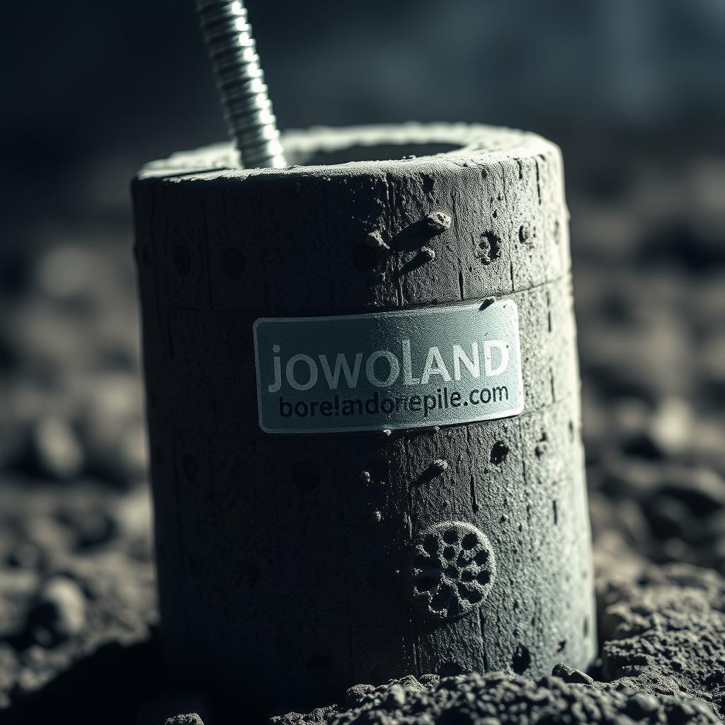 A close-up view of a bore pile foundation, revealing the intricate structure of steel reinforcement and concrete. The pile emerges from the earth, its surface textured and weathered, with a brand logo "www.jowolandborepile.com" prominently displayed. The lighting casts dramatic shadows, highlighting the geometry and solidity of the bore pile. The background is blurred, keeping the focus on the detailed engineering of this essential structural element. The mood conveys a sense of strength, reliability, and technical expertise.