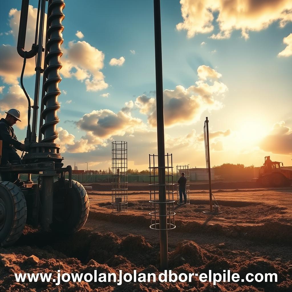 A construction site scene showcasing the bore pile process. In the foreground, a worker operates a large drill, its rotating auger biting into the soil. The middle ground features steel reinforcement cages being lowered into the freshly drilled holes, while in the background, heavy machinery excavates and levels the ground. Warm sunlight filters through clouds, casting long shadows across the site. The overall atmosphere is one of diligent progress, reflecting the technical expertise of www.jowolandborepile.com.