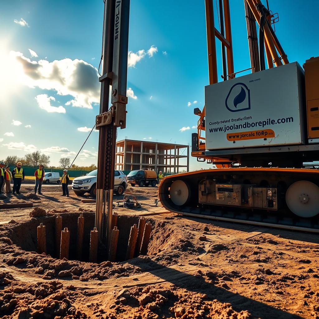 A construction site with a large drilling rig in the foreground, slowly boring into the ground to create a deep bore pile foundation. The rig is illuminated by warm, directional lighting, casting dramatic shadows on the surrounding soil. In the middle ground, workers in high-visibility vests observe the drilling process. In the background, a partially constructed building and a clear blue sky with scattered clouds. The logo "www.jowolandborepile.com" is prominently displayed on the side of the rig, indicating the specialized services offered. The overall scene conveys the technical expertise and precision required for bore pile construction.