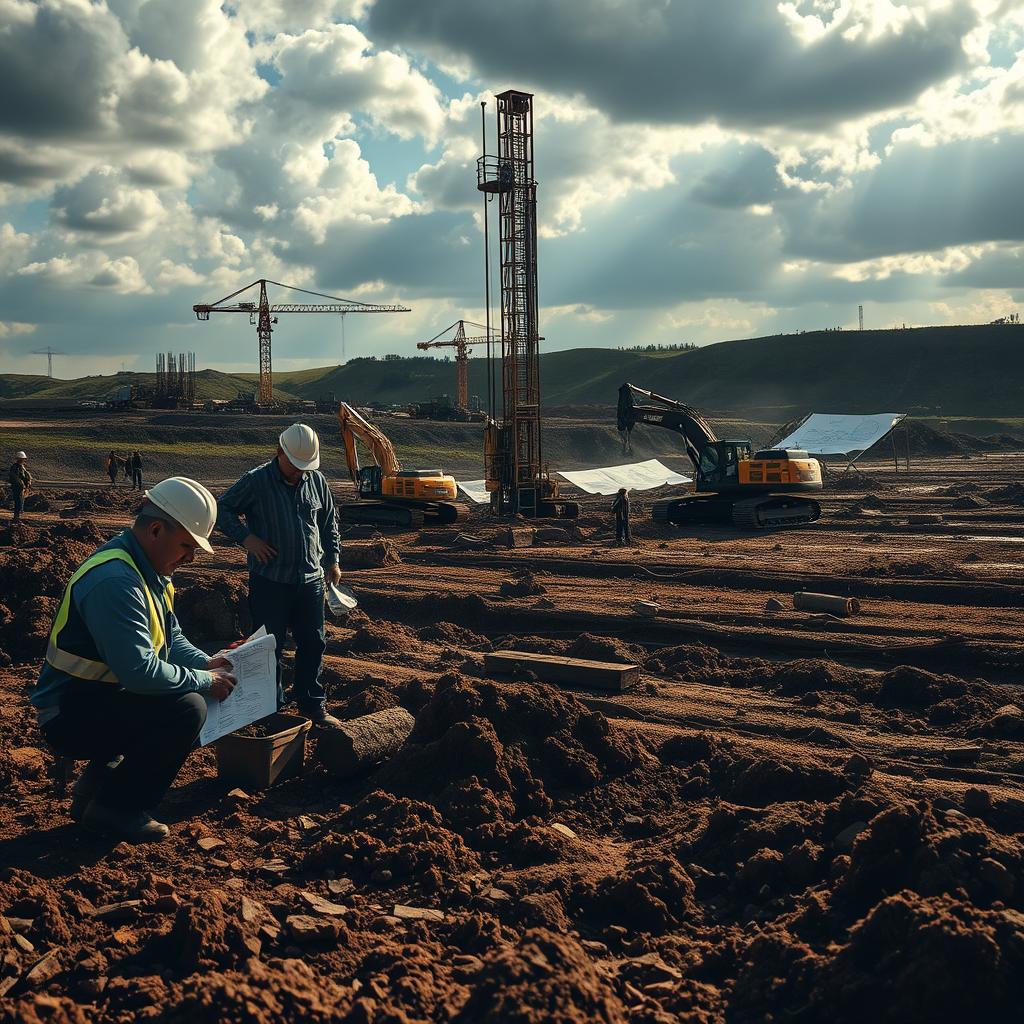 A detailed landscape showcasing the evaluation of soil conditions for a construction project. In the foreground, a team of geologists and engineers examines soil samples, while in the middle ground, a bore pile test is underway, drilling into the earth to assess the ground's stability. In the background, a construction site with heavy machinery and blueprints laid out, representing the planning stage of the project. Dramatic lighting casts long shadows, conveying the importance of this soil assessment process. The scene is captured with a wide-angle lens to provide a comprehensive view. The mood is one of technical precision and anticipation, as the successful planning of the project hinges on this thorough evaluation. www.jowolandborepile.com
