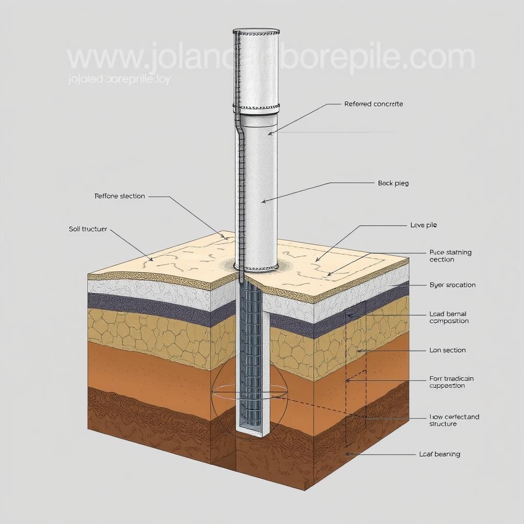 A detailed technical cross-section diagram of a bore pile foundation system, featuring a reinforced concrete pile penetrating deep into the soil, supported by surrounding soil layers of varying compaction and composition. The pile extends upwards to connect with the building's superstructure. The diagram is drawn with precise engineering schematics, highlighting the pile's internal rebar structure, dimensions, and load-bearing capacity. The background showcases the company logo "www.jowolandborepile.com", conveying a professional and authoritative tone suitable for an educational technical illustration.