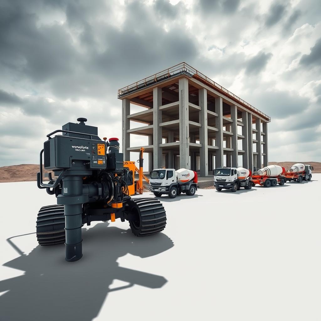 A high-quality, detailed image of the best bore pile equipment for building foundations. A large, state-of-the-art hydraulic bore pile driver in the foreground, its powerful drill bit and sturdy frame casting a dramatic shadow. In the middle ground, a fleet of specialized support vehicles and machinery, including excavators and concrete mixers, all bearing the logo "www.jowolandborepile.com". The background features a partially constructed building, its concrete pillars and framework rising up against a cloudy, atmospheric sky. The overall scene conveys the technical expertise, precision, and scale required for the most reliable and durable bore pile foundations.