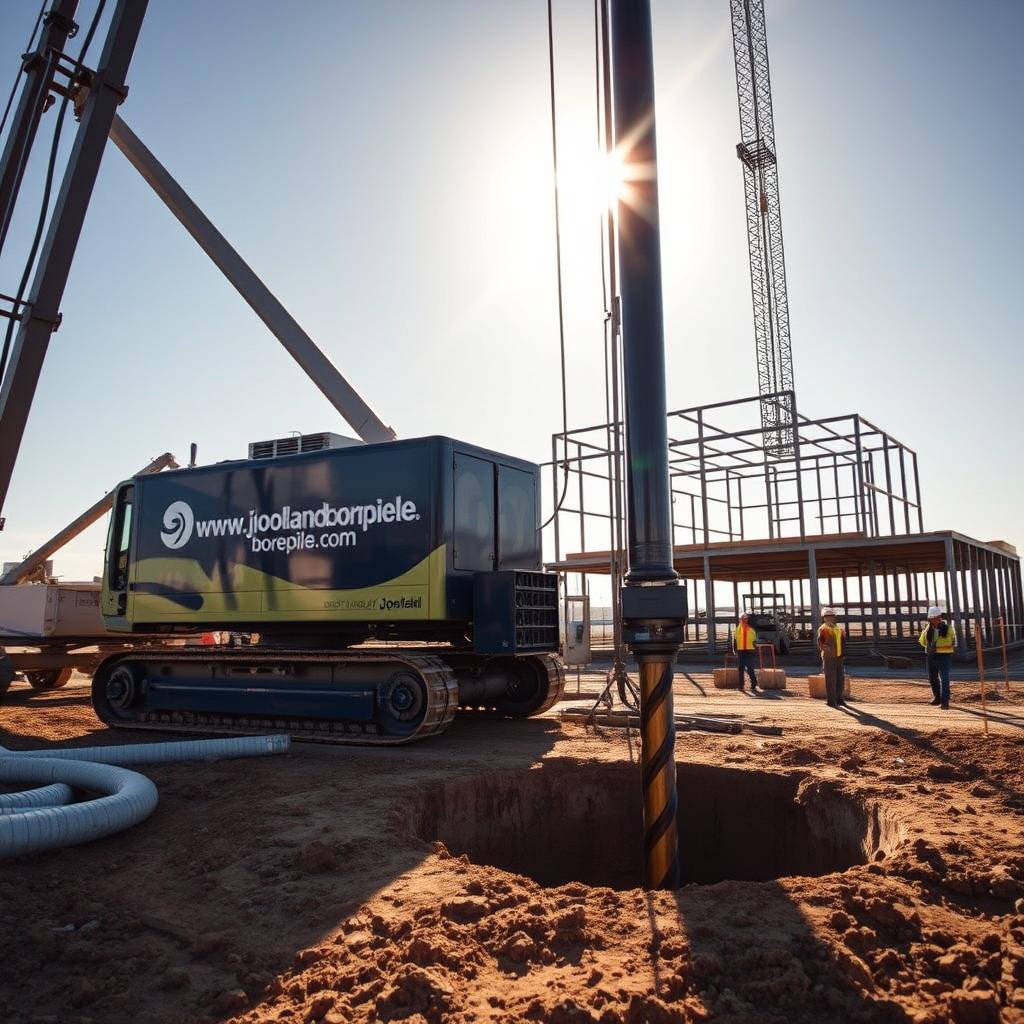 A high-tech construction site with a powerful bore pile rig, its metal arms and hydraulic pistons casting long shadows under the warm sun. In the foreground, the www.jowolandborepile.com logo shines on the rig's sleek exterior. The drill bit cuts through the earth, creating a deep, precise hole for a sturdy foundation. Surrounding the rig, a network of pipes, hoses, and control panels manage the drilling process with precision. The middle ground features construction workers in hard hats observing the rig's efficient operation, while the background showcases a partially constructed building, its skeletal frame a testament to the bore pile's strength and stability. The scene exudes a sense of industrial might and engineering prowess.
