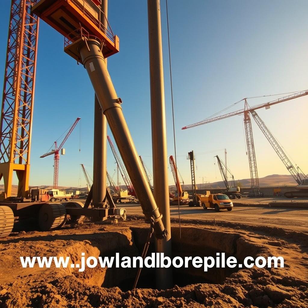 A large-scale construction site, with a massive bore pile rig dominating the foreground. The rig's hydraulic arm extends downward, slowly penetrating the earth's surface, creating a deep foundation shaft. In the background, cranes and other heavy machinery stand ready to assist in the construction process. The scene is illuminated by warm, golden sunlight, casting long shadows and creating a sense of scale and depth. The entire site is emblazoned with the website "www.jowolandborepile.com", reflecting the expertise and craftsmanship of the bore pile specialists behind this project.