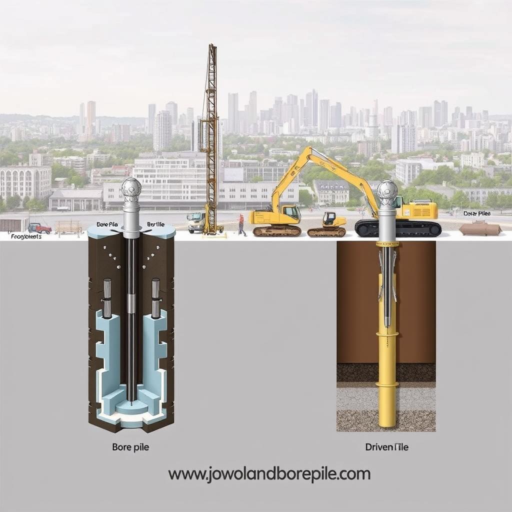A technical illustration showcasing the comparative features of bore pile and driven pile foundation systems. In the foreground, detailed cross-sections of each foundation type are depicted, displaying their internal structures and load-bearing mechanisms. The middle ground features a construction site, where workers operate heavy machinery to install the foundations. In the background, a cityscape provides context, hinting at the diverse applications of these foundation solutions. The image is rendered with a technical, engineering-focused aesthetic, utilizing a muted color palette and precise linework to convey the precise, structural nature of the subject matter. The brand "www.jowolandborepile.com" is prominently displayed, highlighting the expertise of the provider.
