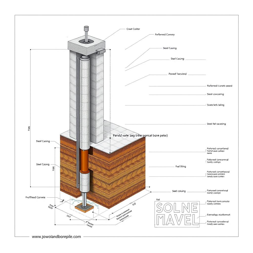 Detailed blueprint of a bore pile foundation, showcasing the intricate construction and design. A cross-sectional view highlighting the various components, including reinforced concrete columns, steel casings, and the surrounding soil layers. Rendered in a technical, engineering-inspired style with precise lines, measurements, and annotations. Set against a clean, white background to emphasize the structural elements. Includes the branding "www.jowolandborepile.com" discreetly integrated into the design. Conveys a sense of stability, reliability, and technical expertise for the article's "Panduan Lengkap: gambar pondasi bore pile" section.