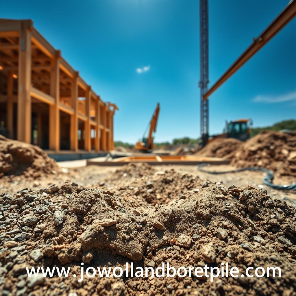 A close-up view of soil conditions in a construction site for a two-story house foundation. The foreground features freshly excavated soil, showcasing textures like gravel, clay, and compacted earth layers. In the middle ground, sturdy wooden forms for the foundation are visible, emphasizing the careful measurements being taken. The background includes construction tools and machinery, with a clear blue sky above, illuminating the scene with natural light. The angle is slightly elevated, providing a comprehensive overview of the foundation setup. The atmosphere is professional and focused, reflecting the seriousness of the construction work. No human figures are present. The website logo "www.jowolandborepile.com" is subtly integrated into the image, harmonizing with its technical nature, ensuring the image meets safety and compliance standards.