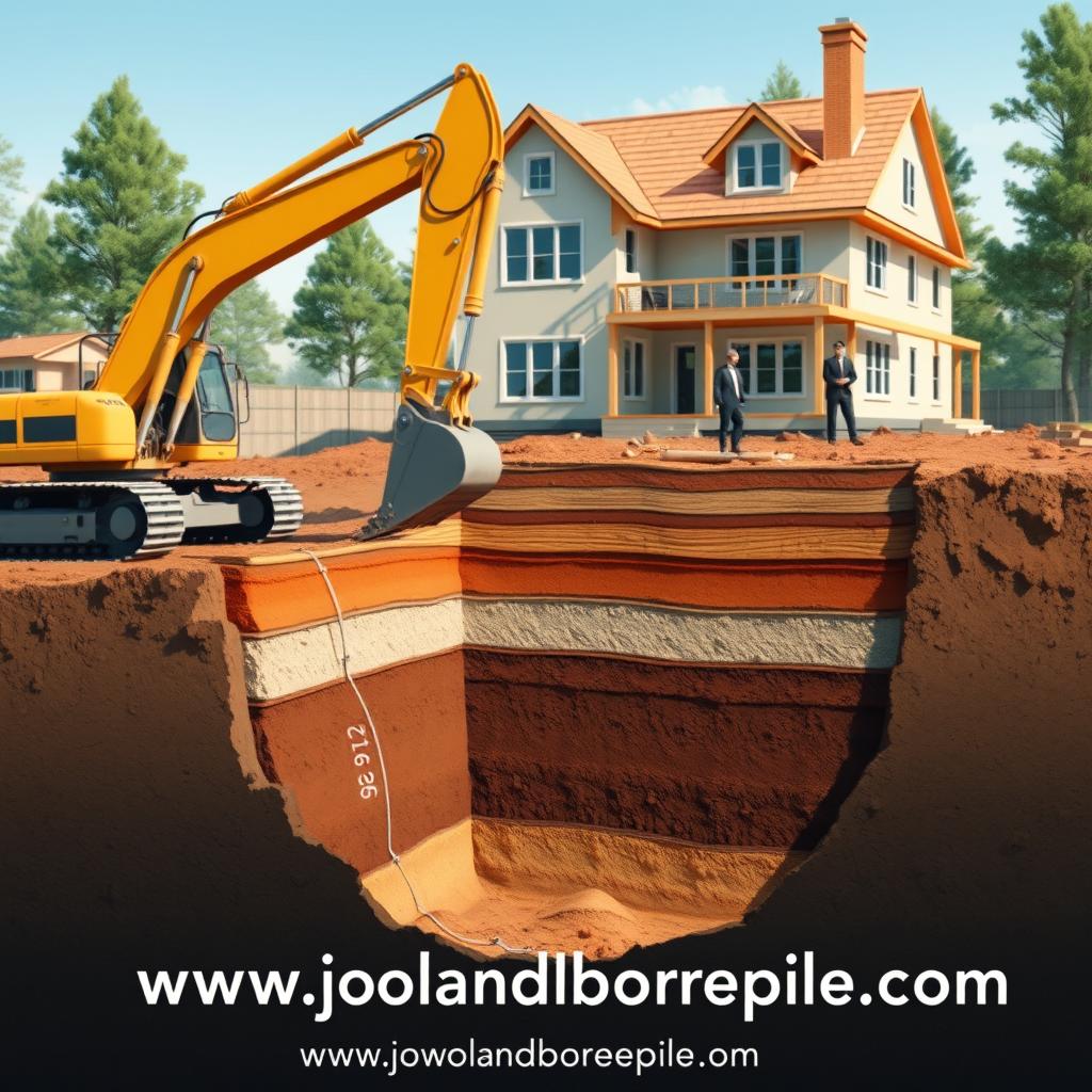 A cross-section illustration of a two-story house foundation, showcasing detailed layers of the foundation pit. In the foreground, include heavy machinery like an excavator performing groundwork, with a focus on the depth measurement marked clearly. The middle layer should display distinct soil strata, emphasizing the foundation's depth, stability, and materials used. In the background, depict a partially constructed house, capturing the essence of building activity. Use natural daylight to create soft shadows, highlighting the textures of the earth and foundation structure. The overall atmosphere should be professional and informative, reflecting a construction site with workers in professional clothing overseeing the process. Include the brand name "www.jowolandborepile.com" subtly integrated into the environment.