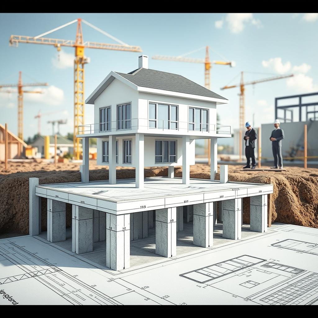 A detailed architectural blueprint of a two-story house foundation, showcasing the dimensions and structure for building. In the foreground, precise lines and measurements highlight the foundation's layout, including footings, columns, and waterproofing details. The middle layer features a 3D rendering of the house above the foundation, displaying a modern design with clear outlines. In the background, a construction site setting with cranes and workers in professional attire, reviewing plans. Soft natural lighting casts shadows, enhancing the blueprint's details and structure. The atmosphere is focused and professional, conveying clarity in construction techniques. The image should prominently include the brand name www.jowolandborepile.com artistically integrated into the design without detracting from the main subject.