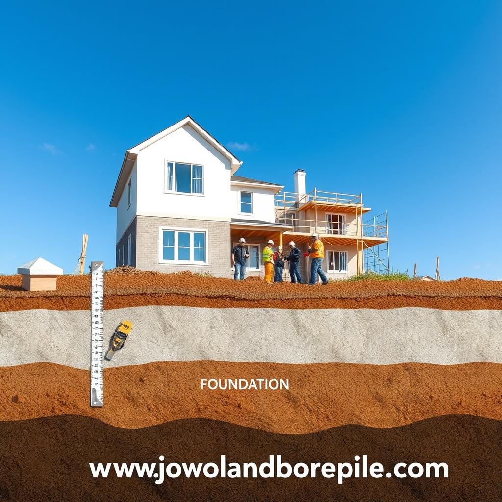 A detailed cross-section illustration of a two-story house foundation, showcasing the foundational depth and structure. In the foreground, clearly depict layers of soil, gravel, and reinforced concrete, with measuring tools indicating depth for clarity. In the middle ground, a small team of professional construction workers in safety gear inspects the foundation, displaying collaborative planning. The background features a partially constructed house, with scaffolding and construction materials visible, under a clear blue sky reflecting a bright, optimistic atmosphere. Use soft natural lighting to enhance the textures of the soil and concrete. The angle should be slightly elevated, offering a comprehensive view of the depth while maintaining focus on the foundational aspects. Include the brand name www.jowolandborepile.com subtly integrated into the scene as a watermark-free detail.