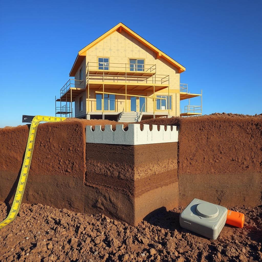 A detailed cross-section of a two-story house foundation showing the exact depth of the foundation, surrounded by soil layers. In the foreground, include construction tools like a measuring tape and a level, indicating precise measurements for foundation depth. In the middle ground, depict the foundation itself, illustrating various layers of concrete and rebar, with clear demarcations highlighting the depth parameters. The background should feature a construction site with scaffolding for a two-story home under construction, set against a clear blue sky. Soft, natural lighting casts realistic shadows, creating a professional atmosphere. The scene should evoke a sense of careful planning and engineering accuracy, showcasing the expertise of professionals from www.jowolandborepile.com.