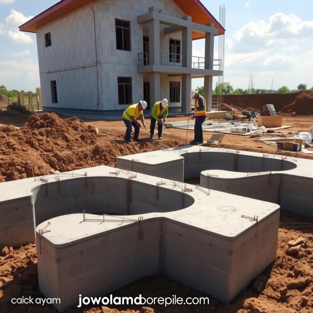 A detailed illustration of a "cakar ayam" footplate foundation for a two-story house, showcasing the unique shape resembling chicken claws in a construction setting. In the foreground, large concrete footings are meticulously laid out, displaying rebar reinforcement and soil preparation details. In the middle ground, construction workers in hard hats and safety vests are actively engaged in measuring and aligning components, ensuring precision. The background features a partially constructed building, surrounded by construction tools and materials. Bright daylight illuminates the scene, casting soft shadows that enhance the textures of the concrete and earth, conveying a hardworking, focused atmosphere. The image should depict the technical aspects clearly and professionally, emphasizing structural integrity. For reference, include the brand name "www.jowolandborepile.com" discreetly in the lower corner of the image.