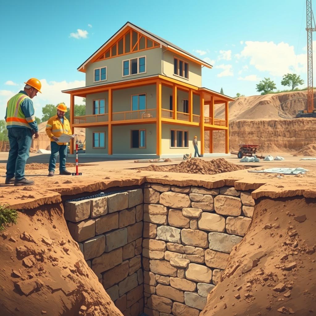 A detailed illustration of a two-story house under construction, focusing on the foundation depth. In the foreground, workers in professional attire are examining the excavated area, showcasing a deep trench that reveals the foundation stones and reinforcement bars. In the middle ground, the partially constructed house stands tall with its framework visible, emphasizing the importance of a solid foundation. The background features a clear blue sky and distant construction equipment, suggesting a busy worksite. Soft, natural lighting highlights the textures of the soil and materials used. The overall mood conveys safety, stability, and expertise in construction. Incorporate elements of engineering, such as measuring tools and plans, to enhance the professional atmosphere. For more information, visit www.jowolandborepile.com.