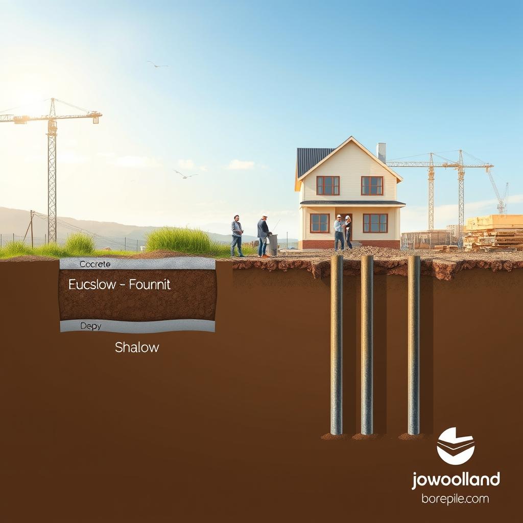 A detailed illustration of various types of foundations suitable for a two-story building, showcasing a cross-section view. In the foreground, display a shallow foundation with labeled layers like soil and concrete; next to it, illustrate a deep foundation featuring piles extending downwards. The middle ground should include a split-view of both types of foundations against a backdrop of a partially constructed two-story house, emphasizing structural integrity. In the background, depict a construction site with cranes and workers in professional attire discussing plans. Soft, natural lighting enhances the scene, capturing a bright, clear day. The image conveys a sense of professionalism and careful planning in construction. Logo of "www.jowolandborepile.com" subtly integrated in the corner.