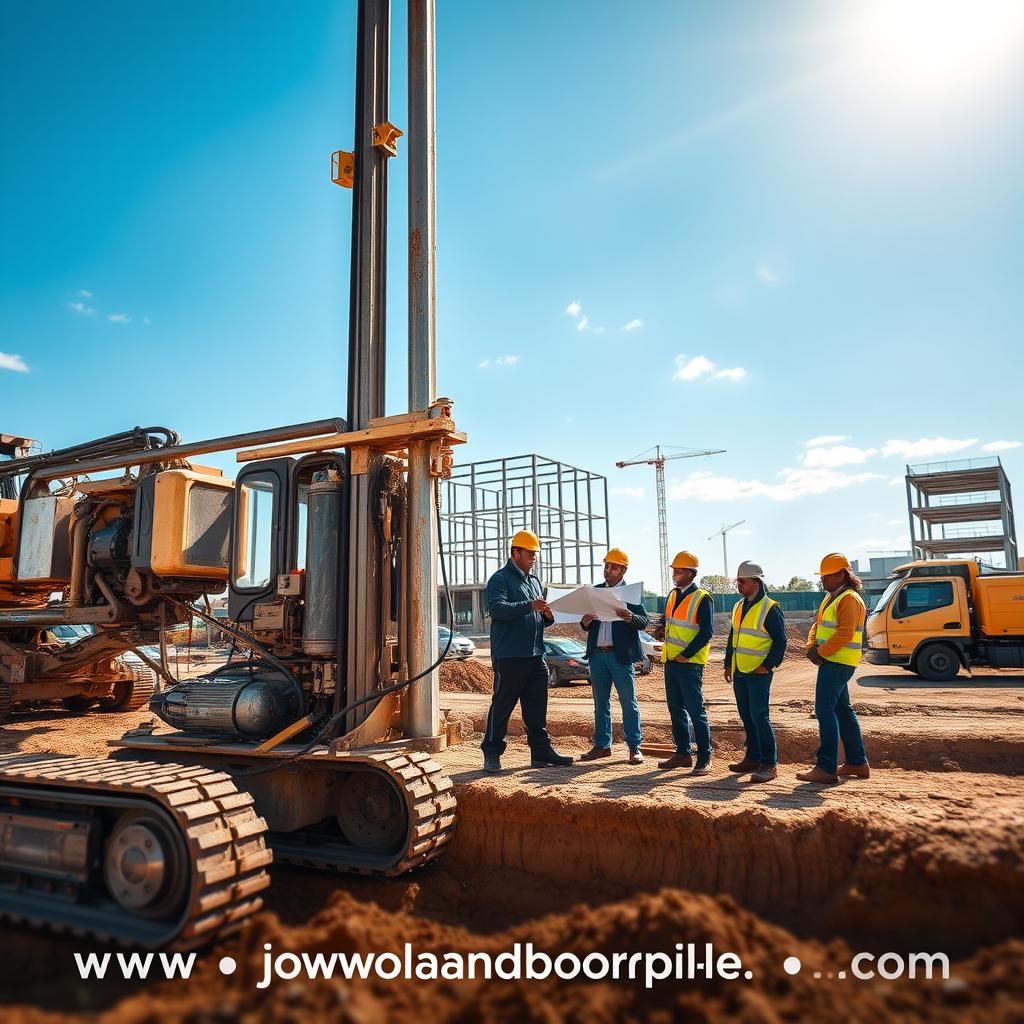 A modern construction site featuring PT. Jowo Land Construction's bore pile services, showcasing a team of professional workers, dressed in safety gear and business attire, actively engaged in drilling bore piles. In the foreground, a drilling rig is prominently positioned, with intricate machinery details visible. The middle ground features workers collaborating, using blueprints and technical equipment, illuminated by natural daylight shining down from a clear blue sky. In the background, construction vehicles and a half-finished building outline the developing structure. The atmosphere is dynamic and industrious, conveying innovation and expertise. Create emphasis on safety and quality, reflecting the company's commitment to excellence, while ensuring the brand name "www.jowolandborepile.com" is subtly indicated in the environment.