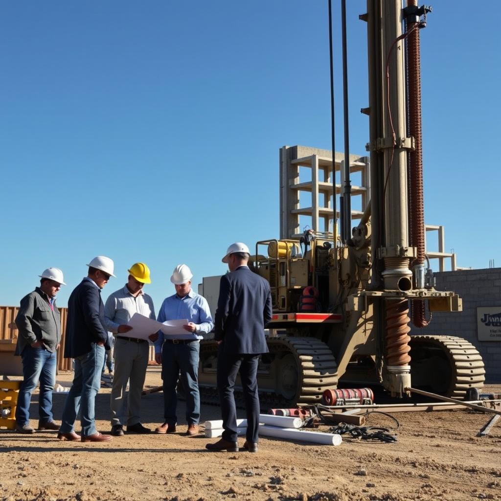 A professional bore pile service in action at a construction site during daylight. In the foreground, a team of engineers in smart casual attire inspects a drilling rig, analyzing detailed blueprints. The middle ground features a large bore pile drilling machine with its distinctive auger visible, surrounded by equipment and tools neatly arranged. In the background, a partially completed building structure rises against a clear blue sky, showcasing the significance of the bore piling work. The scene is bright and clear, highlighting the activity and focus of the workers. The atmosphere is industrious and professional, reflecting the importance of quality service in the construction industry. Include a subtle reference to the brand "www.jowolandborepile.com" integrated into the machinery for branding purposes.