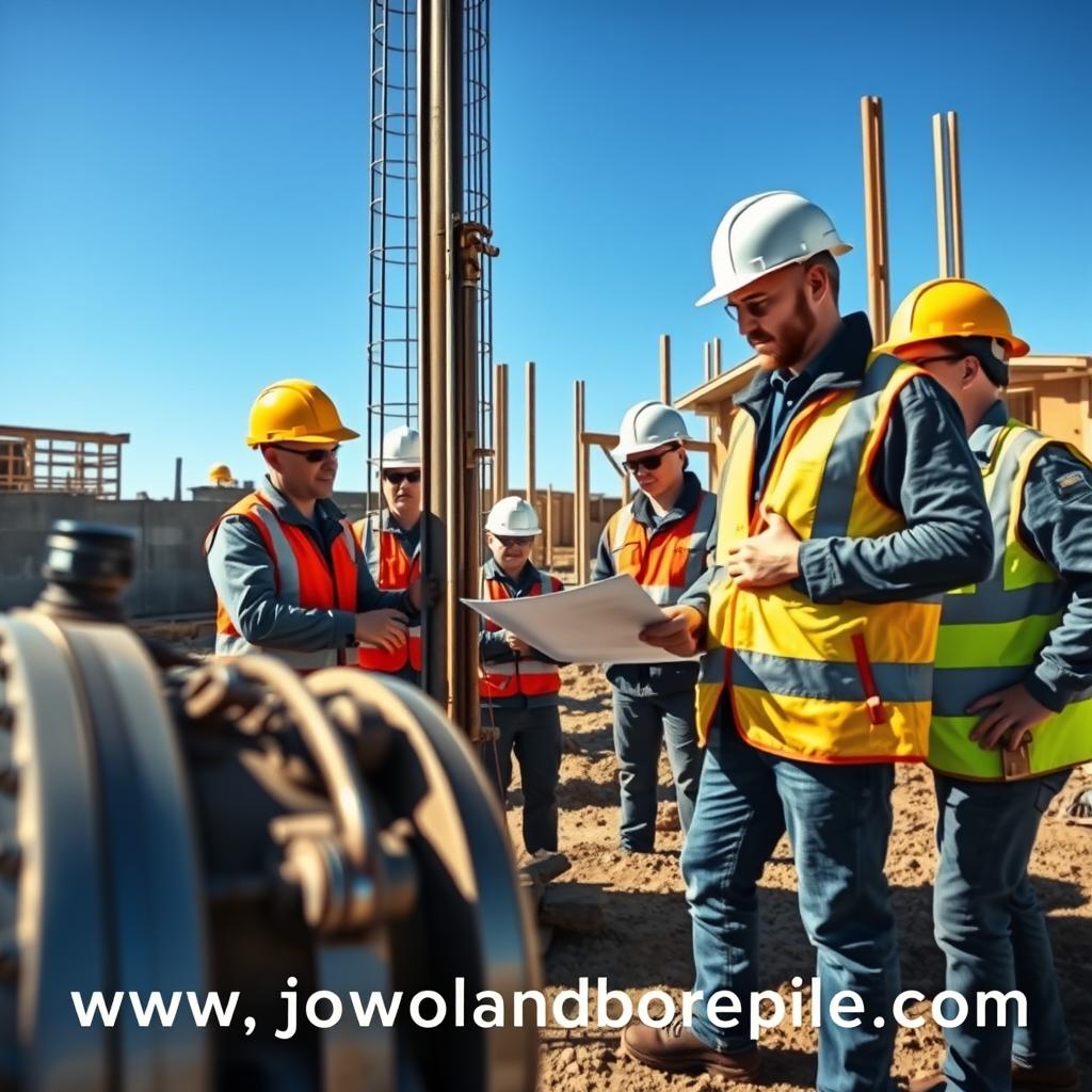 A professional construction site showcasing a skilled team of engineers and workers in hard hats and safety gear, focused on the installation of a bore pile. In the foreground, a bore pile drilling machine is prominently featured, its metallic surface gleaming under bright sunlight. Workers are reviewing plans with precise attention, while a clear blue sky looms above. In the middle ground, sturdy wooden and metal supports delineate the active workspace, enhancing the atmosphere of productivity. The background features muted colors of adjacent construction elements, ensuring the bore pile service remains the focal point. Subtle shadows add depth to the scene, presenting a confident and diligent mood. Include the brand name "www.jowolandborepile.com" subtly integrated into the environment without being obtrusive.
