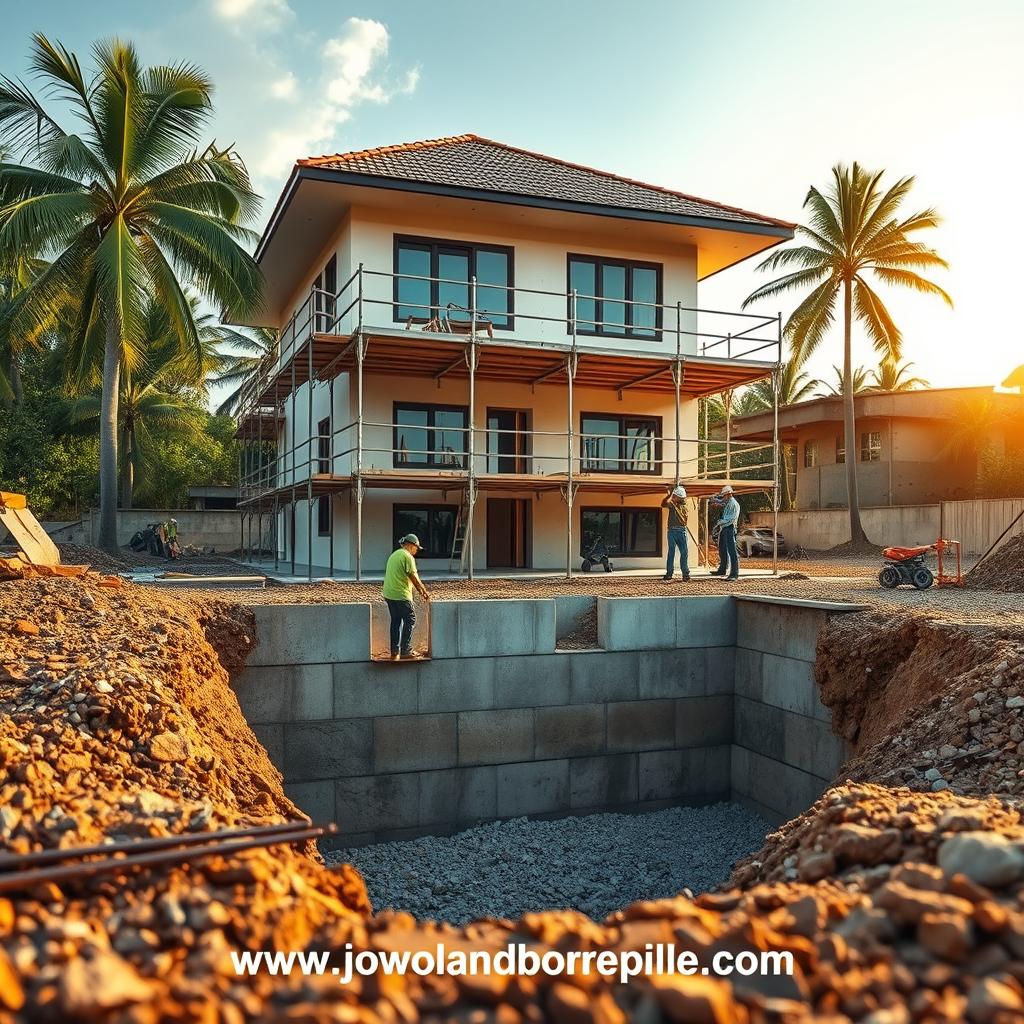 A strong and robust foundation is depicted in a construction setting, showcasing a two-story house under construction. In the foreground, focus on a partially excavated pit with reinforced concrete footings, surrounded by construction tools and materials, such as steel rebar and gravel. In the middle ground, scaffolding rises around the emerging structure, while skilled workers in professional attire carefully measure and adjust the foundation elements. The background features lush greenery typical of Indonesia, with palm trees and warm lighting that casts a soft glow, suggesting an afternoon sun. The overall atmosphere is one of determination and precision, highlighting the importance of a solid foundation in modern construction. The image should reflect a professional approach while showcasing the intricate details of the foundation work, connecting to the theme of foundational strength. Include the brand name "www.jowolandborepile.com" subtly integrated into the construction scene.