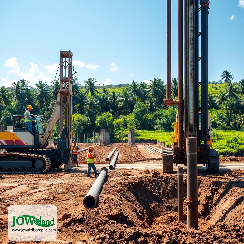An industrial bore pile site in Indonesia, showcasing a modern drilling rig in the foreground, with workers dressed in professional safety gear supervising the operation. The scene is bustling yet organized, representing a reliable construction environment. In the middle ground, various bore piles are seen lined up, some partially submerged in the earth, illustrating the heavy machinery at work. The background features a lush green landscape typical of Indonesia, with tall palm trees and a clear blue sky providing a vibrant atmosphere. The image is well-lit, capturing the bright sunlight reflecting off the machinery, shot from a slightly elevated angle to encompass the whole site. Include a subtle watermark with the brand name "www.jowolandborepile.com" in one corner.