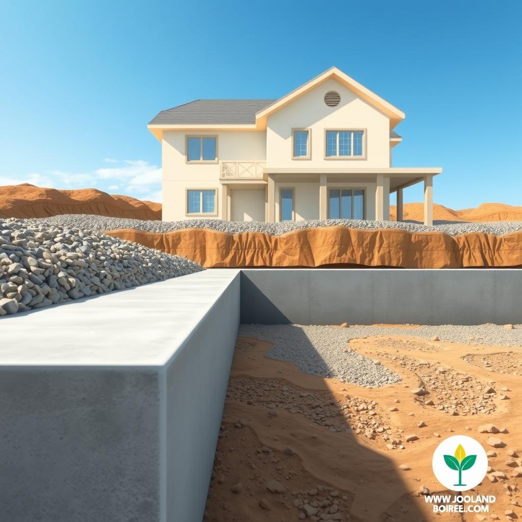 Detailed illustration of a two-story house foundation, showcasing robust construction techniques. In the foreground, smooth concrete foundation beams and reinforced steel rebar are prominently displayed, emphasizing structural integrity. The middle ground features the outline of a two-story house, with visible floor plans and support columns, nestled alongside well-defined excavation lines. In the background, a clear blue sky contrasts with the earthy hues of gravel and soil, suggesting a strong, stable base. The scene is bathed in soft, natural lighting, enhancing the textures of the materials. The perspective captures a dynamic angle, inviting viewers to appreciate the engineering details. Ideal for educational purposes. Include the logo of www.jowolandborepile.com subtly within the design, ensuring it blends smoothly with the overall composition.