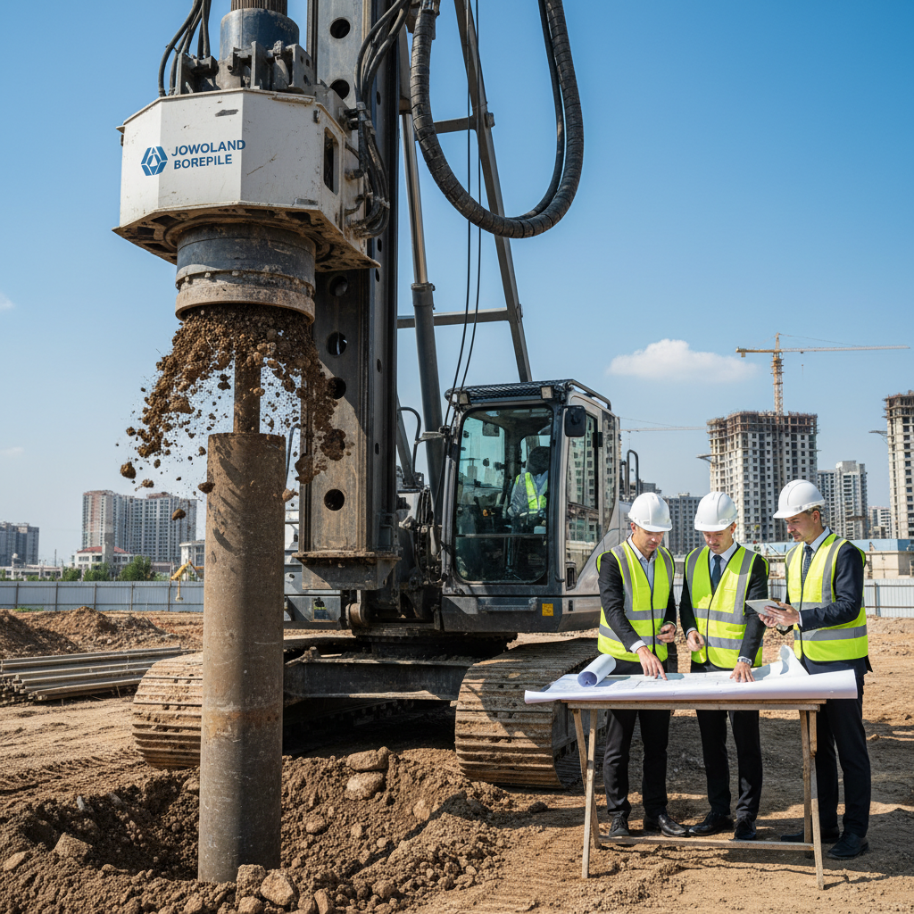 A close-up view of a bore pile being installed in a construction site, showcasing the heavy machinery involved. In the foreground, a modern drilling rig is depicted, actively boring a deep cylindrical hole into the ground, with soil and rocks being displaced. In the middle ground, skilled workers in professional business attire are monitoring the operation with blueprints in hand, emphasizing teamwork and precision. The background features a skyline of a developing urban area under a clear blue sky, suggesting progress and construction. The lighting is bright and natural, enhancing the machinery's metallic textures and the earthy tones of the site. The atmosphere conveys a sense of professionalism and engineering innovation. No text or watermarks present. Reference brand: www.jowolandborepile.com.