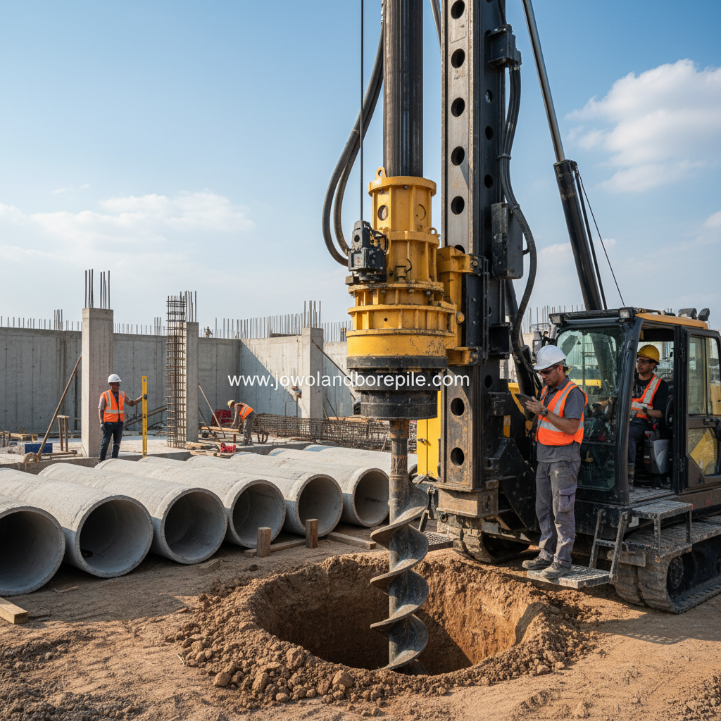 A detailed construction site featuring a bore pile drilling machine in action, showcasing the process of bore pile installation. In the foreground, the heavy-duty drill rig is positioned, with an operator in professional work attire overseeing operations. In the middle ground, several cylindrical bore piles stacked neatly, while workers in safety helmets and vests are using equipment to prepare for drilling. The background displays a partially constructed building foundation and a clear blue sky. Soft, natural sunlight casts gentle shadows, enhancing the details of the machinery and workers. The perspective is slightly elevated, capturing both the rig and the surrounding activity. The atmosphere should convey a sense of progress and professionalism in construction. Include the brand name "www.jowolandborepile.com" subtly integrated into the machinery design, ensuring no text overlays or watermarks.