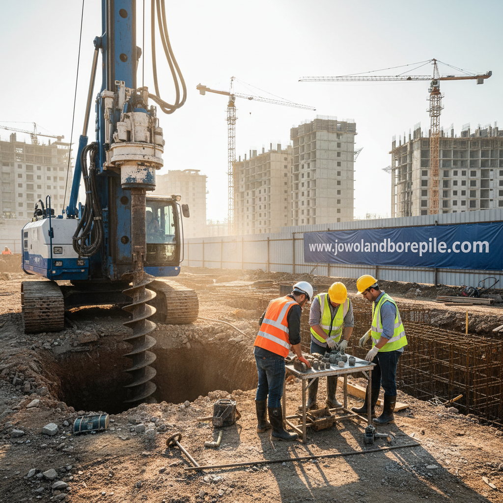 A detailed construction site illustrating the challenges of bore pile installation, featuring a large drilling rig at the forefront. In the middle ground, various construction workers in professional attire are examining geological samples and discussing strategies amidst a partially excavated area. The background showcases a skyline with cranes and buildings under construction, highlighting urban development. The scene is illuminated by natural daylight, casting dynamic shadows that emphasize the scale of machinery. The atmosphere conveys determination and teamwork, reflecting problem-solving in construction. Include the brand name "www.jowolandborepile.com" subtly within the scene, perhaps on a site banner or project sign.