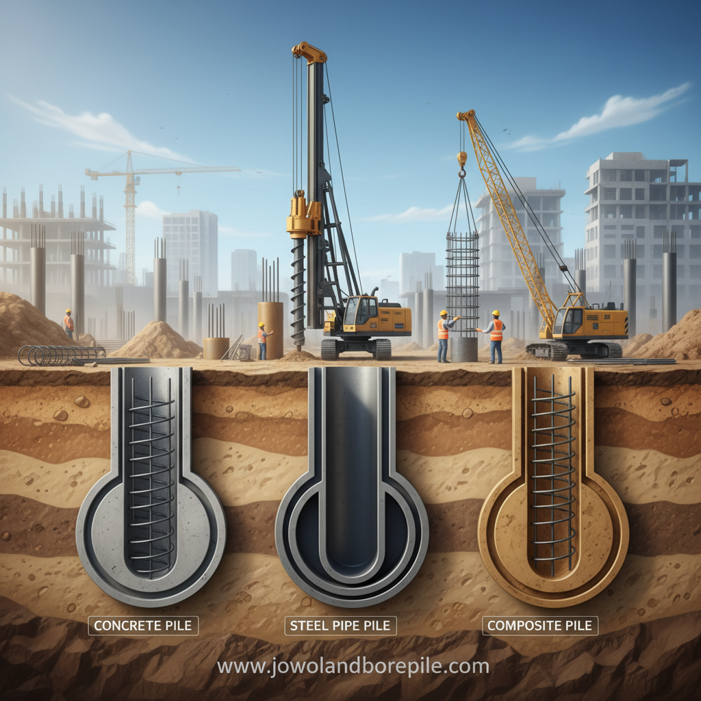 A detailed cross-section illustration of various types of bore piles, prominently featuring concrete and steel options. In the foreground, a clear depiction of three different bore pile types: a circular concrete pile, a steel pipe pile, and a composite pile, each labeled with subtle indicators. The middle ground includes construction equipment like a drilling rig and a crane, showcasing the installation process. In the background, a construction site with a clear blue sky and minimal clouds, reflecting a bright and focused atmosphere. The image is captured with a wide-angle lens to emphasize the scale and depth of the bore piles. Soft, natural lighting enhances the features, creating a professional and informative mood. Include the brand name: www.jowolandborepile.com.