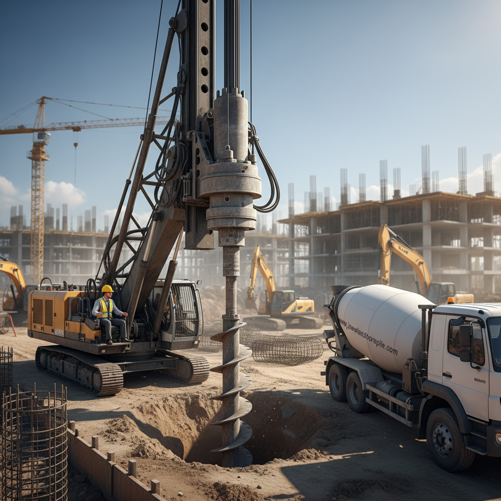 A detailed illustration of "Bore Pile Installation Process" showcasing the various stages involved in its operation. In the foreground, portray a worker in professional business attire operating a drilling rig, focusing on the bore pile's machinery. The middle layer should display the bore pile being installed deep into the ground, surrounded by construction equipment and tools. In the background, depict a clear, sunny construction site with buildings under construction, illustrating an active work environment. Use dynamic lighting to highlight the machinery and create an atmosphere of industriousness. Ensure a sharp focus on the foreground worker and the bore pile while maintaining a slightly blurred background to enhance depth. Incorporate the brand name "www.jowolandborepile.com" subtly within the scene, avoiding overt placement.