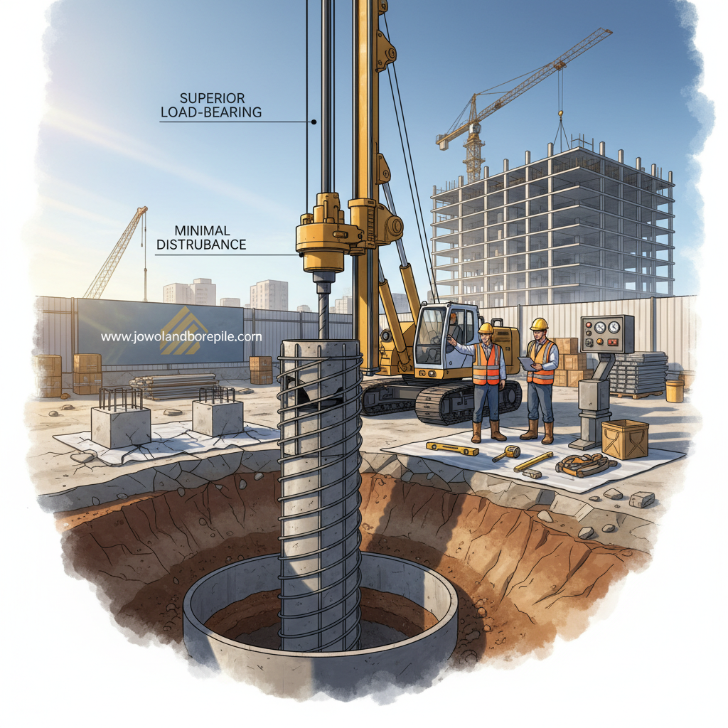 A detailed illustration of a bore pile installation, showcasing its advantages over traditional foundation methods. In the foreground, prominently display a robust, vertical bore pile partially embedded in the ground, highlighting its structural design and durability. In the middle, depict construction workers in professional attire, carefully operating machinery, surrounded by essential tools that emphasize precision and safety. The background features a construction site with a clear blue sky, sunlight illuminating the pile and casting soft shadows, creating a dynamic atmosphere of activity and progress. The image should reflect a sense of innovation and reliability in modern engineering practices, showcasing how bore piles provide superior support. Include the web address "www.jowolandborepile.com" subtly integrated into the scene, without altering the professional focus.