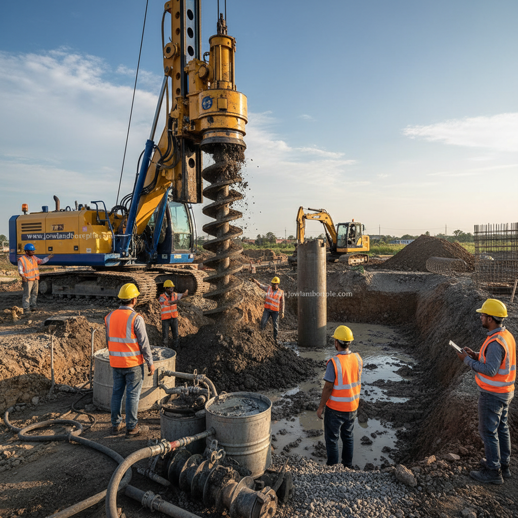 A detailed scene depicting a bore pile construction site. In the foreground, a large drill rig is actively boring deep into the ground, the drill bit engaging in a strong rotation, surrounded by equipment such as soil extraction tools and mud pumps. Workers in professional construction attire are observing and managing the operation, ensuring safety protocols are followed. The middle ground showcases a partially completed bore pile surrounded by mud and excavation debris, capturing the rawness of the construction process. In the background, a clear blue sky contrasts with a few scattered clouds, enhancing the sense of a working day. Soft sunlight illuminates the scene, creating a warm, industrious atmosphere. The image should look realistic and technical, highlighting the intricacies of bore pile construction around the text "www.jowolandborepile.com" subtly integrated within the project equipment.