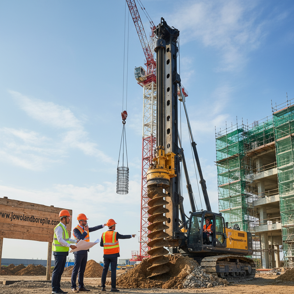 An industrial construction site showcasing the process of bore piling, with a focus on a large bore drilling rig in the foreground. The rig is actively drilling deep into the ground, surrounded by piles of earth and gravel. Workers in professional business attire are safely coordinating the operation, wearing hard hats and safety gear. In the middle ground, a crane lifts heavy materials while scaffolding is visible nearby. The background features a clear blue sky with wispy clouds, emphasizing a productive work atmosphere. Soft natural lighting highlights the machinery and workers, casting gentle shadows that add depth to the scene. The composition reflects the precision and engineering involved in bore pile construction. Include the brand name "www.jowolandborepile.com" subtly integrated into the scene, perhaps on a construction sign or equipment.