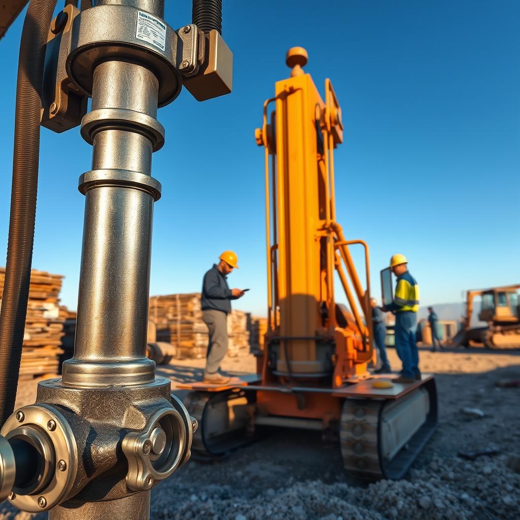 A detailed and focused illustration of a "Hammer Piling Machine" in a construction site setting, showcasing a professional team preparing for operation. In the foreground, a close-up view of the Hammer Piling Machine, with shiny metallic components, showing its features like the hammer mechanism and hydraulic system. The middle-ground includes workers in professional attire, carefully inspecting the equipment, equipped with hard hats and safety gear. The background features a clear blue sky, construction materials stacked neatly, and silhouettes of nearby machinery. Soft natural lighting casts shadows, enhancing the machine's textures and the overall scene. Capturing a mood of diligence and teamwork, this image reflects the preparatory atmosphere before using the Hammer Piling Machine, perfectly illustrating the section "Preparation Before Using the Hammer Piling Machine." www.jowolandborepile.com