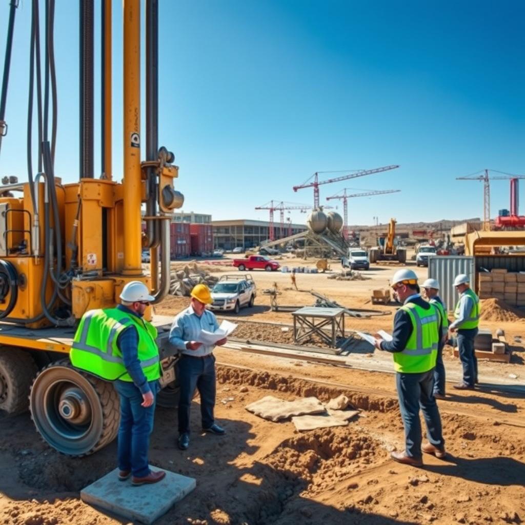 A detailed construction scene depicting the "Bore Pile Drilling Process." In the foreground, show a large drilling rig with rotating drill bits engaged in the ground, surrounded by professional workers in safety helmets and business attire, examining blueprints. In the middle ground, depict a stable concrete mixing station, with concrete being prepared for pouring into drilled piles. In the background, illustrate a construction site with cranes and temporary storage containers, under a clear blue sky. The lighting is bright and natural, simulating midday sun, with shadows cast by the machinery. The atmosphere should be industrious and focused, highlighting teamwork and precision. Include a subtle watermark with www.jowolandborepile.com in a corner, ensuring no text overlays disrupt the image composition.