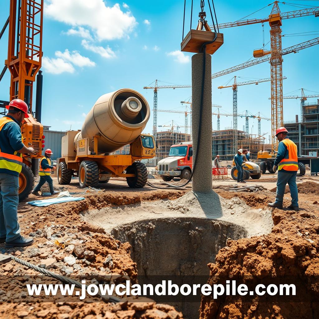 A detailed construction scene showcasing the "metode pengecoran bore pile" process used by PT. Jowo Land Construction. In the foreground, workers in professional attire operate machinery, skillfully mixing concrete and preparing reinforcement cages. The middle ground features a large bore pile rig drilling into the earth, with a concrete mixer pouring fresh mix into a deep, vertical hole. In the background, a construction site bustling with activity, including cranes and scaffolding under a clear blue sky. The lighting is bright and natural, emphasizing the focus on precision and efficiency in this construction method. The atmosphere is industrious and collaborative, reflecting the effective approach to bore pile casting. Include the website URL "www.jowolandborepile.com" subtly integrated into the construction elements without disrupting the main focus of the image.