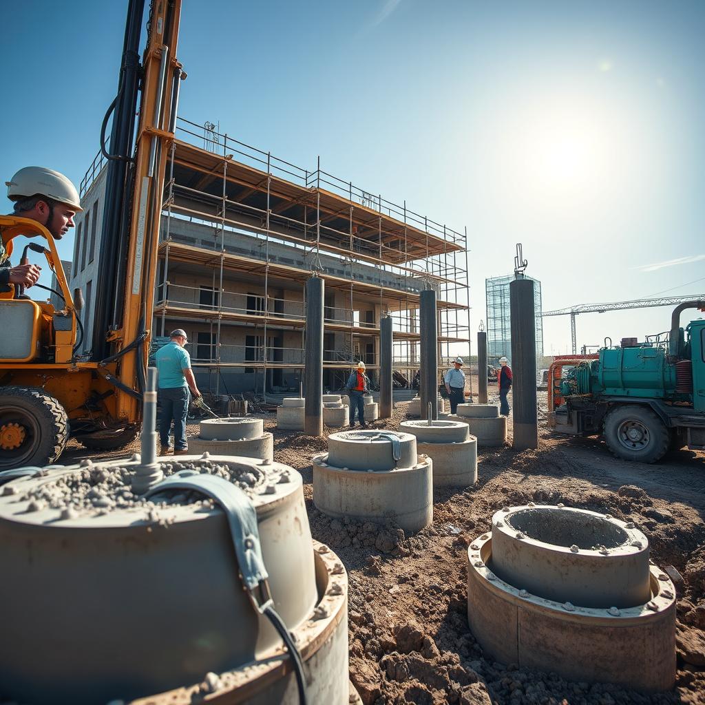 A detailed construction site showcasing various bore pile casting methods. In the foreground, construction workers in professional attire are seen operating different equipment such as a drilling rig and a concrete pump. The middle ground features several bore piles in various stages of being poured, with concrete flowing into the cylindrical molds. The background consists of a partially constructed building and scaffolding, under a clear blue sky with soft sunlight illuminating the scene. Capture the intricate details of the machinery and tools involved, emphasizing a sense of efficiency and precision in the construction process. Use a wide-angle lens to provide a comprehensive view of the site, evoking a mood of industriousness and technical expertise. Include the brand "www.jowolandborepile.com" subtly in the corner without text overlays.