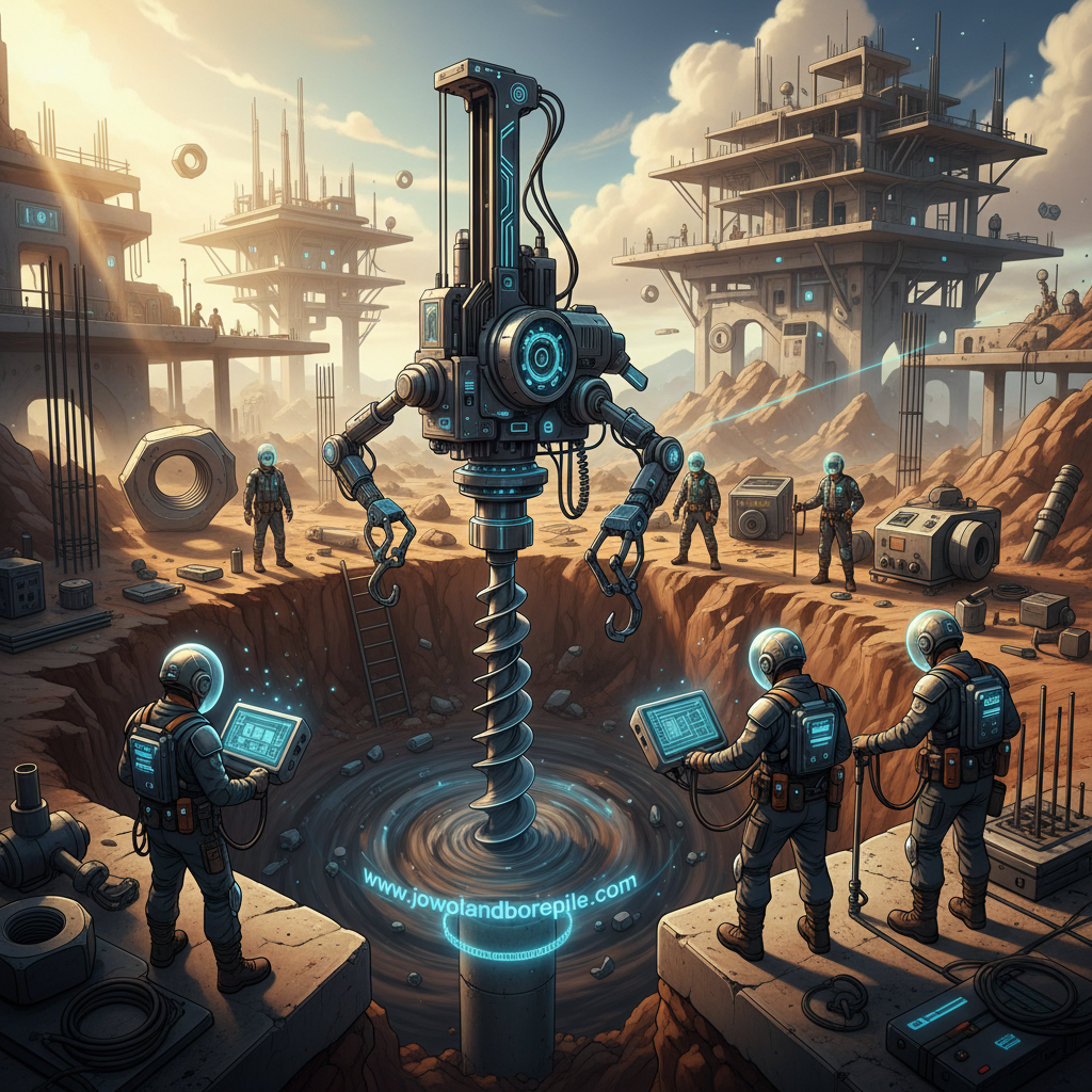 A detailed illustration of a "mini bore pile foundation" showcasing various drilling equipment in a construction setting. In the foreground, a high-tech drilling machine with a powerful auger is engaged in the process of boring into the earth. The middle section features workers in professional attire operating the machinery, demonstrating teamwork and technical expertise. In the background, a partially completed structure is visible, indicating the ongoing construction project, surrounded by tools and materials. The scene is bathed in natural daylight, emphasizing the clarity of the setting. Use a slightly elevated angle to capture the depth of the pile foundation process. The mood should be focused and professional, reflecting the precision involved in foundation work. Include the brand name "www.jowolandborepile.com" subtly integrated into the scene.