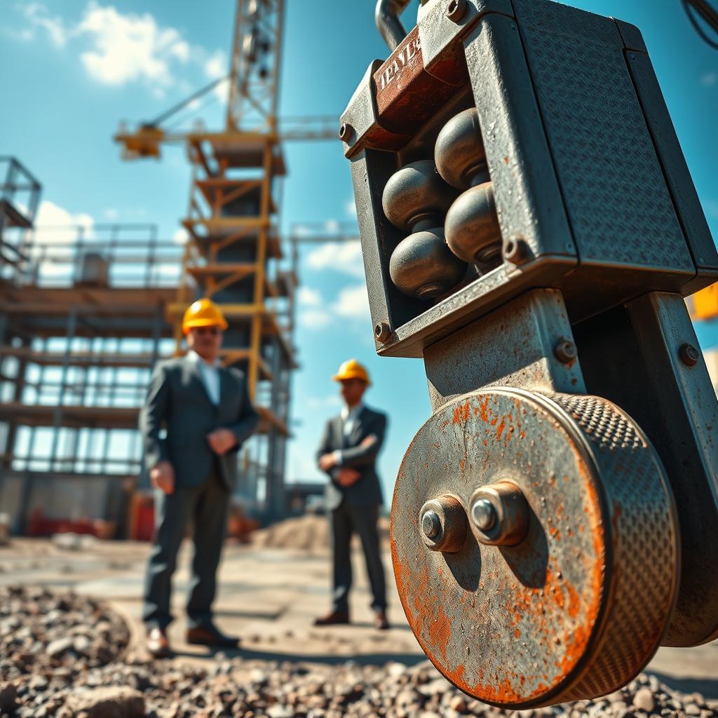 A detailed illustration of an "alat pancang hammer," depicted prominently in the foreground, showcasing its robust design and textured metallic surface. Positioned slightly to the right, it features a hydraulic mechanism with clearly visible pistons and a striking hammer head. In the middle ground, construction workers in professional business attire are observing the equipment, emphasizing its practical use in construction applications. The background reveals a construction site with scaffolding and partially erected structures, under a clear blue sky with sunlight casting dynamic shadows. The mood is industrious and focused, highlighting the functionality of the alat pancang hammer in its operating environment. Capture this scene with a shallow depth of field, soft focus on the background, and vibrant colors to convey a lively construction atmosphere. www.jowolandborepile.com