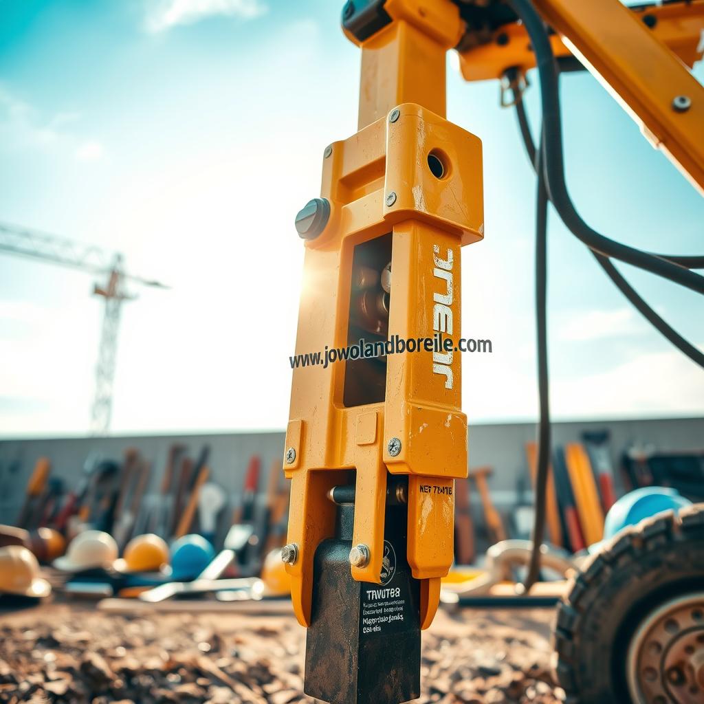 A detailed view of a professional "alat pancang hammer" prominently featured in the foreground, showcasing its robust structure and intricate machinery. The hammer is positioned at an angle to highlight its heavy-duty design and mechanical parts, surrounded by a clean, organized construction site setting. In the middle ground, various construction tools are artfully arranged, including safety equipment like helmets and gloves, conveying a sense of a busy yet controlled work environment. In the background, a clear blue sky with soft, diffused sunlight bathes the scene, creating a bright and optimistic atmosphere. The composition should evoke professionalism and precision. Ensure the brand name "www.jowolandborepile.com" is subtly integrated into the scene, perhaps on a tool or equipment nearby.