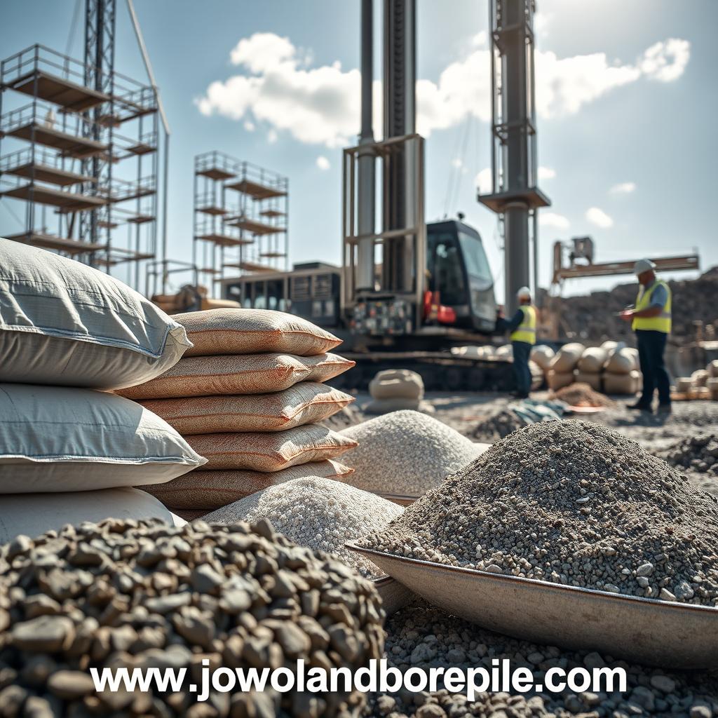 A detailed view of bore pile casting materials, showcasing various components in a construction site setting. In the foreground, neatly arranged bags of concrete mix and aggregates, highlighting texture and consistency. In the middle ground, a large bore pile drilling rig, equipped with technical specifications visible on the machinery, exemplifying modern engineering. The background should feature a clear sky with scaffolding, construction workers in professional attire observing safety protocols. The scene is bathed in natural sunlight, enhancing distinct shadows and reflections on surfaces. The atmosphere conveys a sense of efficiency and innovation in construction. Include the brand name "www.jowolandborepile.com" subtly integrated into the scene, ensuring no text overlays or distractions from the technical focus.