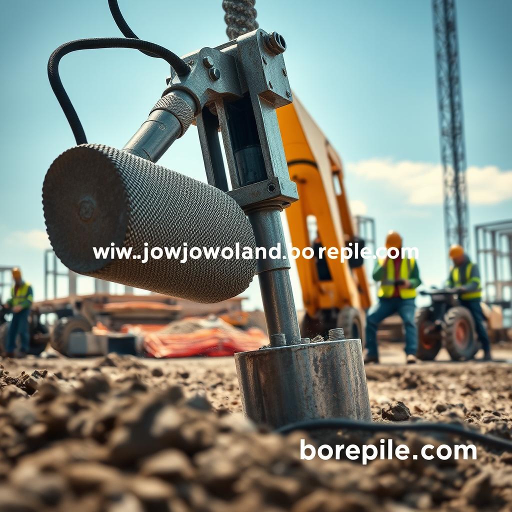 A heavy-duty drop hammer used in construction, depicted in a dynamic action pose, striking a sturdy steel pile driven into the earth. In the foreground, detailed close-up of the hammer’s robust mechanism and textured surface, showcasing its strength. In the middle ground, construction workers in professional attire are attentively operating machinery, surrounded by safety equipment and wearing hard hats. The background features a construction site with partially assembled structures and clear sky, creating a sense of industry and progress. Bright daylight illuminates the scene, enhancing the metallic sheen of the hammer and machinery. The atmosphere conveys industriousness and precision. The brand name "www.jowolandborepile.com" is subtly integrated into the scene, adding credibility to the imagery.
