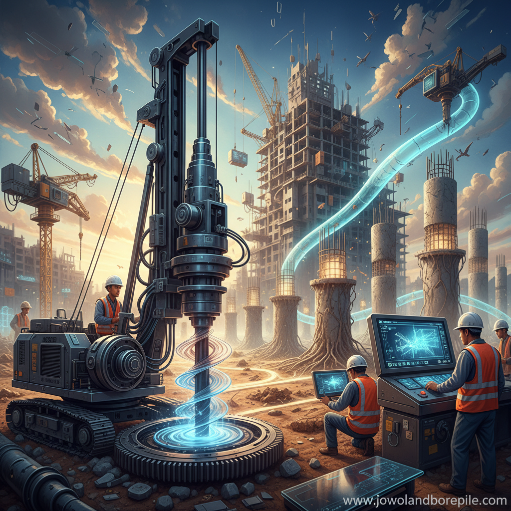 Focusing on the function of a Mini Pile Bore Foundation in construction, the image should feature a dynamic construction site scene. In the foreground, a specialized mini pile drilling rig operates, displaying intricate details of its machinery and drill head. Skilled workers, dressed in professional safety gear, are actively monitoring the process. The middle ground features partially completed foundations with concrete piles being installed, showcasing their robustness. In the background, construction machinery and a newly erected building are visible, hinting at the ongoing project. Use natural lighting to create a bright and engaging atmosphere, with a slightly elevated angle to provide depth. The overall mood should convey industriousness and precision. Watermark should be "www.jowolandborepile.com" subtly included in the corner without being intrusive. Focusing on the function of a Mini Pile Bore Foundation in construction, the image should feature a dynamic construction site scene. In the foreground, a specialized mini pile drilling rig operates, displaying intricate details of its machinery and drill head. Skilled workers, dressed in professional safety gear, are actively monitoring the process. The middle ground features partially completed foundations with concrete piles being installed, showcasing their robustness. In the background, construction machinery and a newly erected building are visible, hinting at the ongoing project. Use natural lighting to create a bright and engaging atmosphere, with a slightly elevated angle to provide depth. The overall mood should convey industriousness and precision. Watermark should be "www.jowolandborepile.com" subtly included in the corner without being intrusive.